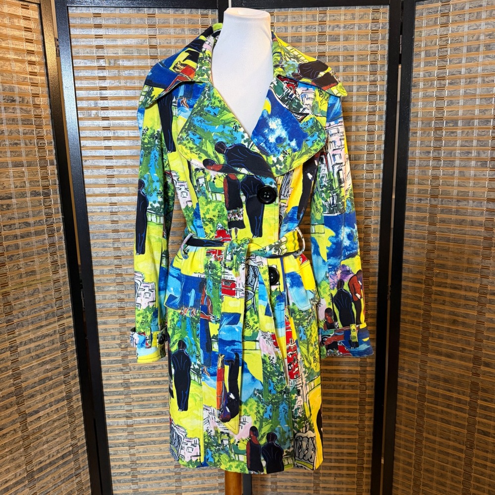 Alberto Makali Trench Coat Women 10 Multicolor Scenic Art Print Belted 90s Y2K